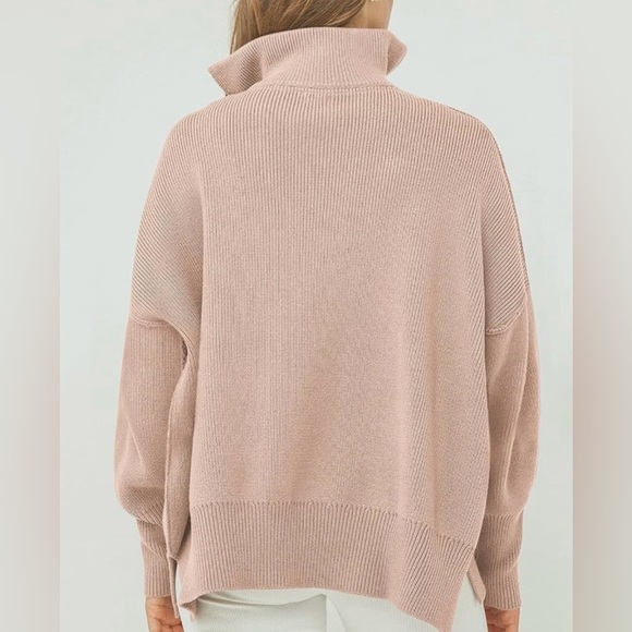 Anrabess Women's Blush Pink Quarter-Zip Pullover Ribbed Sweater, XL - Picture 2 of 3